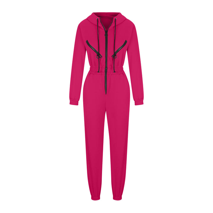 Damen taillierter Kapuzen-Jumpsuit mit elastischem Bund und markanten Kontrast-Reißverschlüssen – Solévia