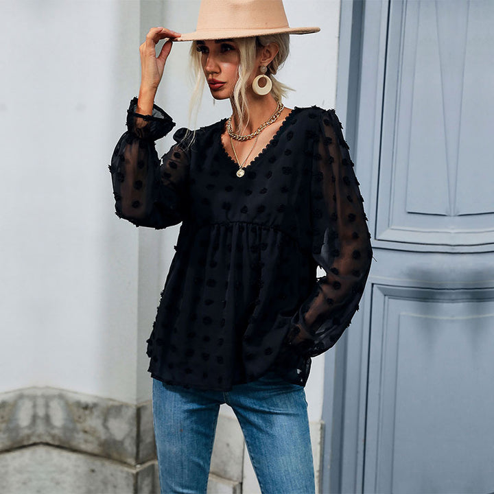 Damen Transparente Chiffon‑Bluse mit V‑Ausschnitt, erhabener Punkte‑Textur und Babydoll‑Silhouette – Élovi