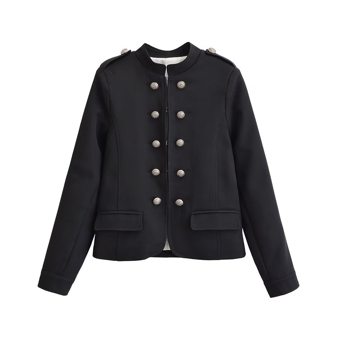 Damen Kurzer Stehkragen-Blazer mit doppelter Zierknopfleiste und Epauletten Echo Archiv