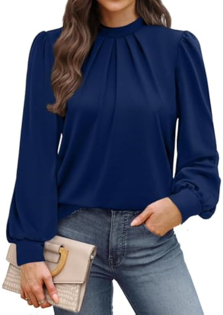 Damen Langärmelige Satinbluse mit Stehkragen, Brustfalten und gerippten Bündchen – Élovi