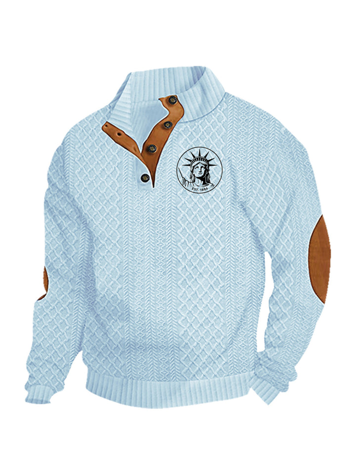 Herren nan Heritage-Strukturpullover mit Stehkragen Lederimitat-Besatz Ellenbogen-Patches und Halbknopfleiste Echo Archiv