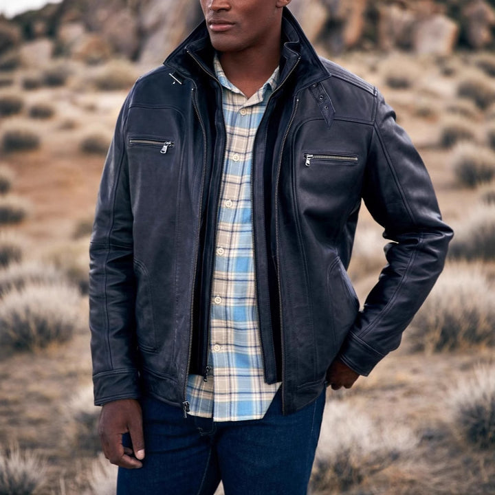 Herren lässige Lederjacke mit modernem Stehkragen und vielseitigen Taschen Echoarchiv