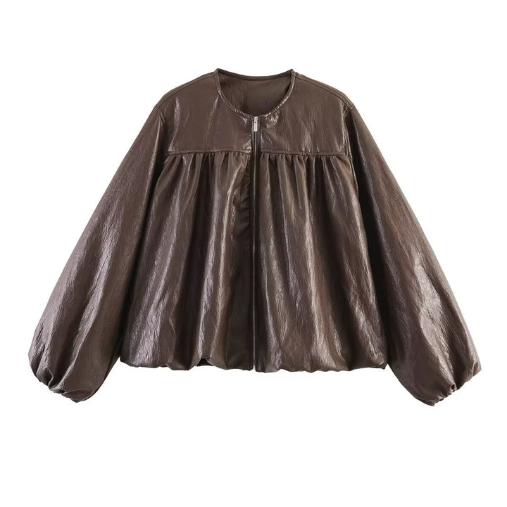 Damen Kurzblouson aus Kunstleder mit geraffter Yoke und Balloon-Ärmeln Echo Archiv