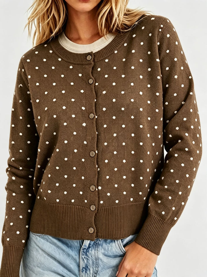 Damen Gepunktete Feinstrick-Cardigan mit Rundhals und Rippbündchen – Veloura
