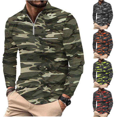 Herren Langarmshirt mit modischem Reißverschluss und Camouflage-Muster Echoarchiv
