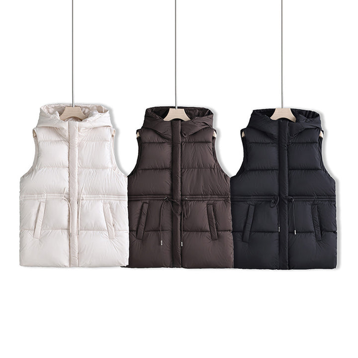 Damen gesteppte Kapuzenweste mit verstellbarem Taillenzug und winddichter Thermofütterung – Avérine