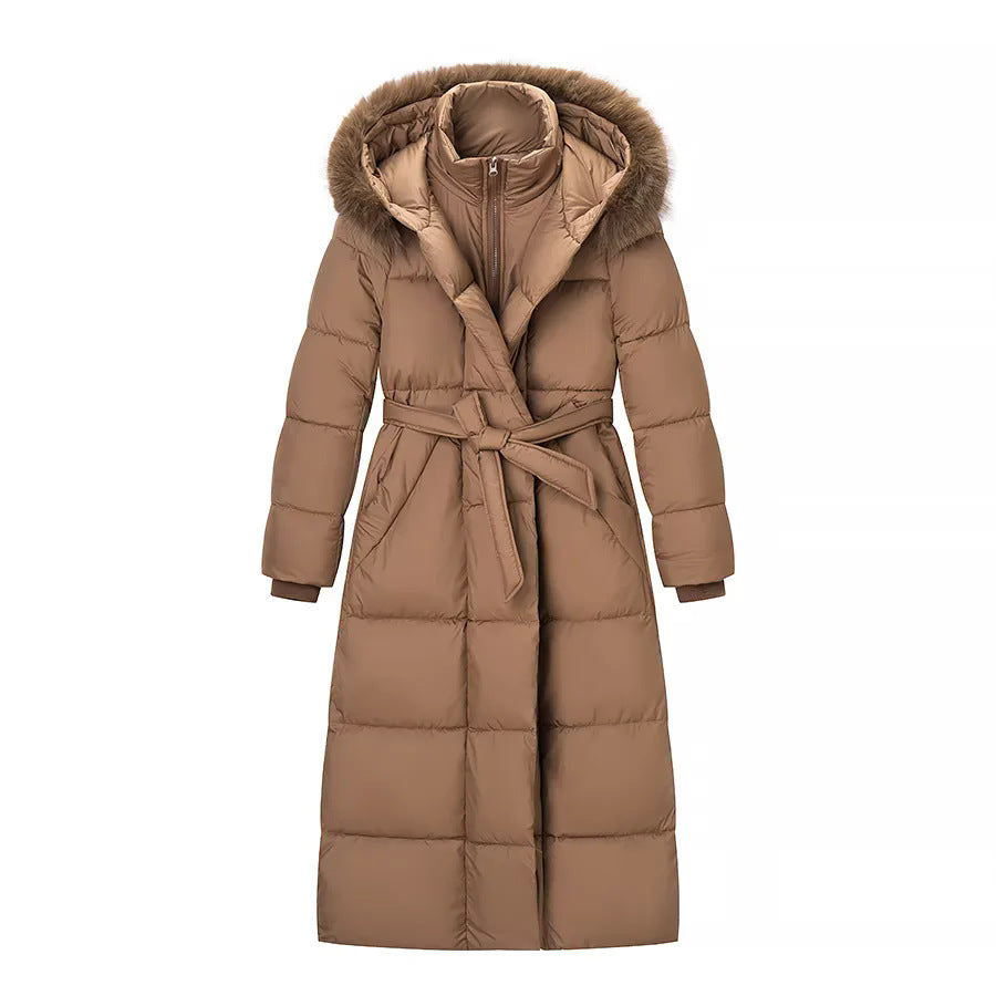 Damen nan lang geschnittener Thermosteppmantel mit separater Innenjacke, Kapuze und Bindegürtel Echo Archiv