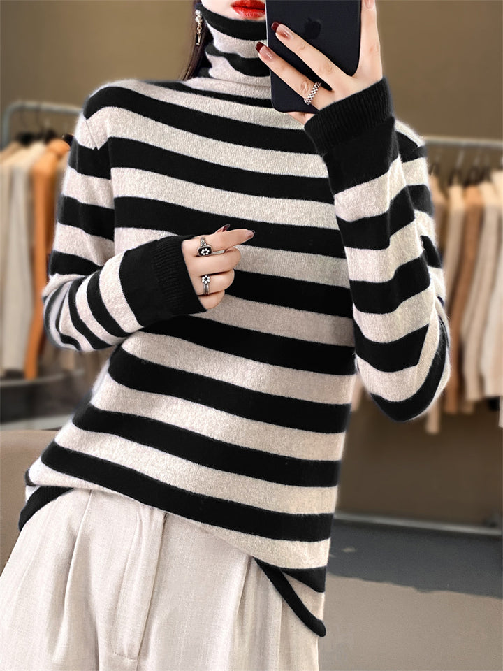 Damen Lässiger gestreifter Rollkragenpullover aus Wollmix mit legerer Passform Echoarchiv