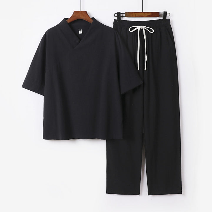 Unisex Leichtes Kimono-Loungewear-Set mit V-Ausschnitt und Tunnelzug-Hose Echoarchiv