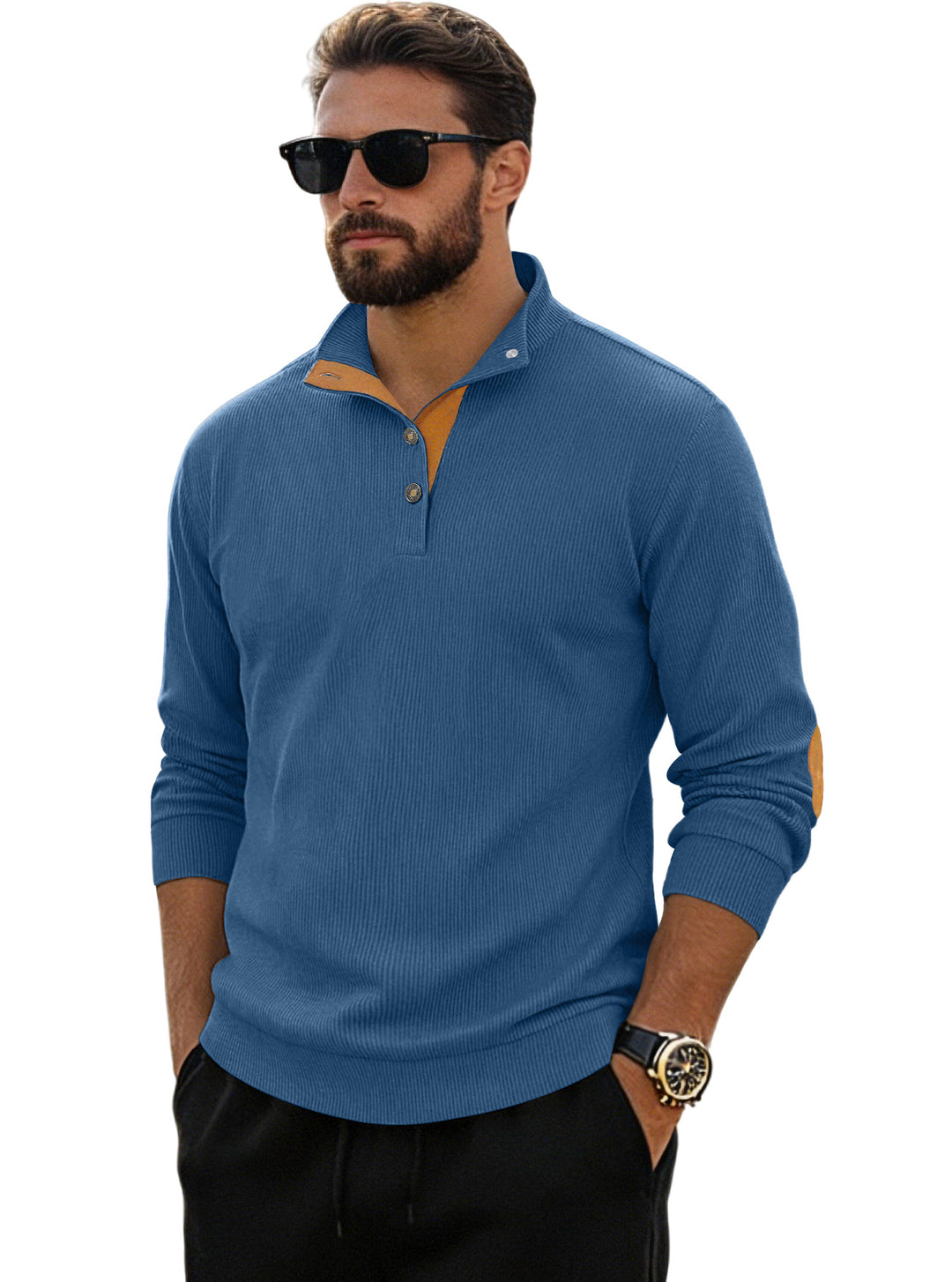 Herren nan fein gerippter Strickpullover mit Polokragen Knopfleiste und Ellenbogenbesatz Echo Archiv