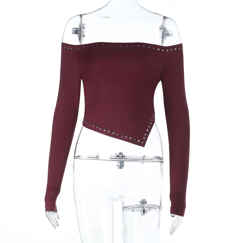 Damen Asymmetrisches Off-Shoulder-Crop-Top mit langen Ärmeln und Nietenbesatz – Avérine
