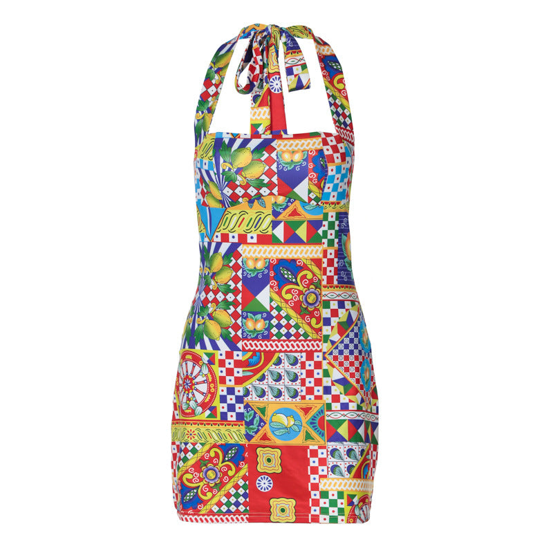 Damen Buntes Kochkleid mit Halterneck und verspielten Mustern Echo Archiv