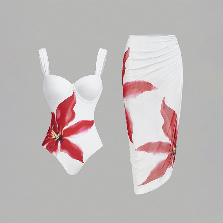 Damen Eleganter Badeanzug mit floralem Design und passendem Rock Echo Archiv