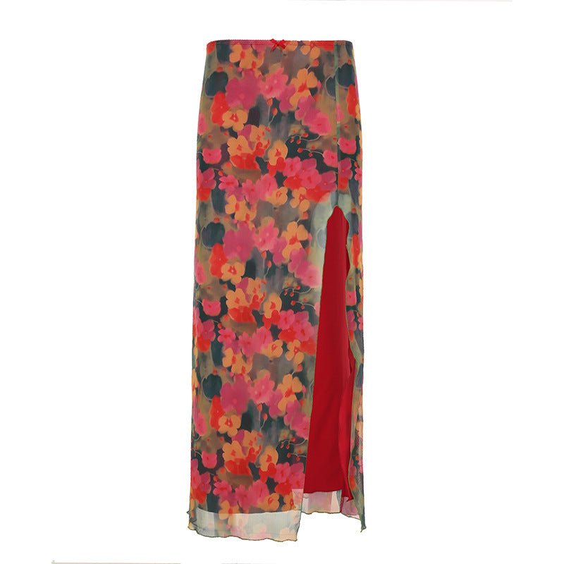 Damen Maxirock mit Chiffon-Overlay, floraler Allover-Print und hohem Seitenschlitz Echo Archiv