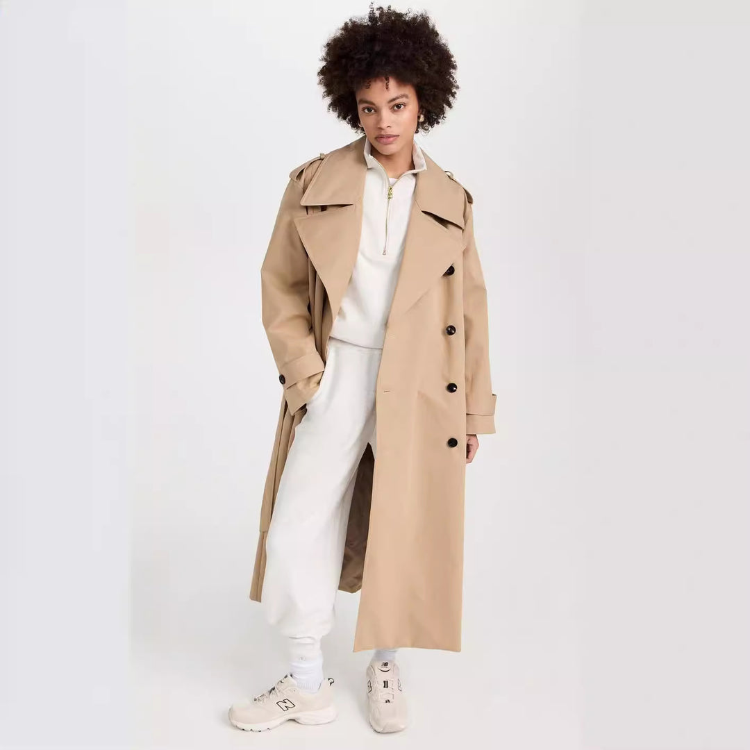 Damen Langer Trenchcoat aus Baumwollmix mit doppelreihiger Knopfleiste, Taillengürtel und Schulterklappen Echoarchiv