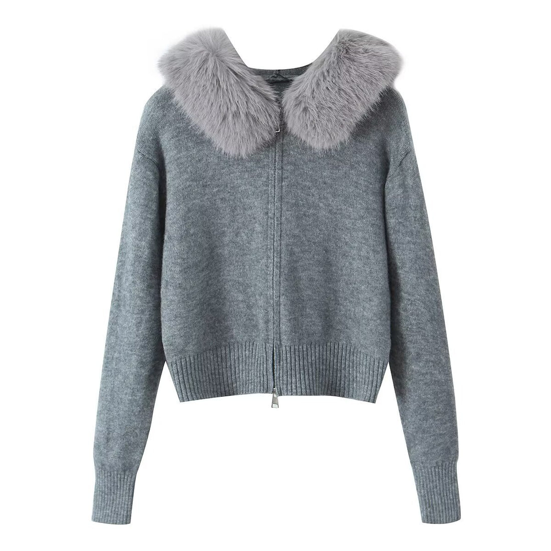 Damen Kurzgeschnittene Strickjacke mit Reißverschluss und abnehmbarem Kunstfellkragen Echoarchiv