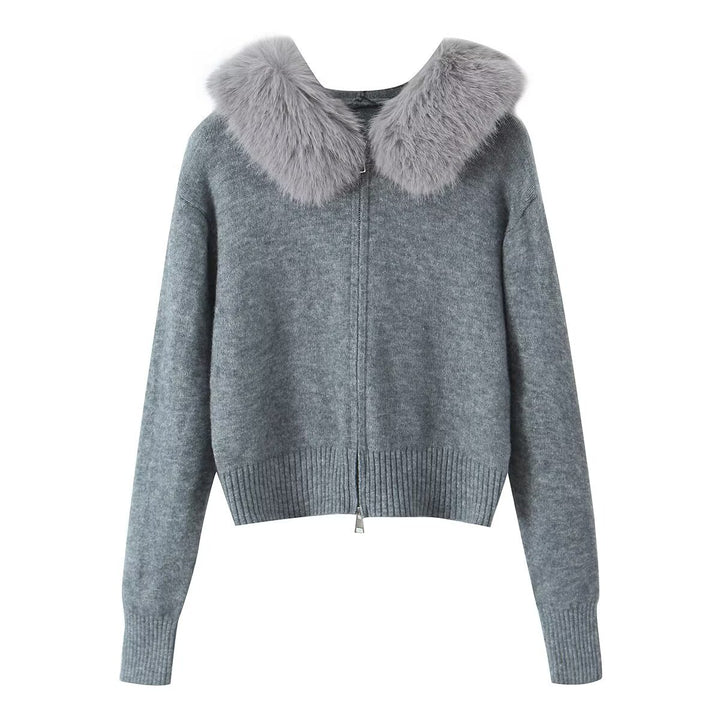 Damen Kurzgeschnittene Strickjacke mit Reißverschluss und abnehmbarem Kunstfellkragen Echoarchiv