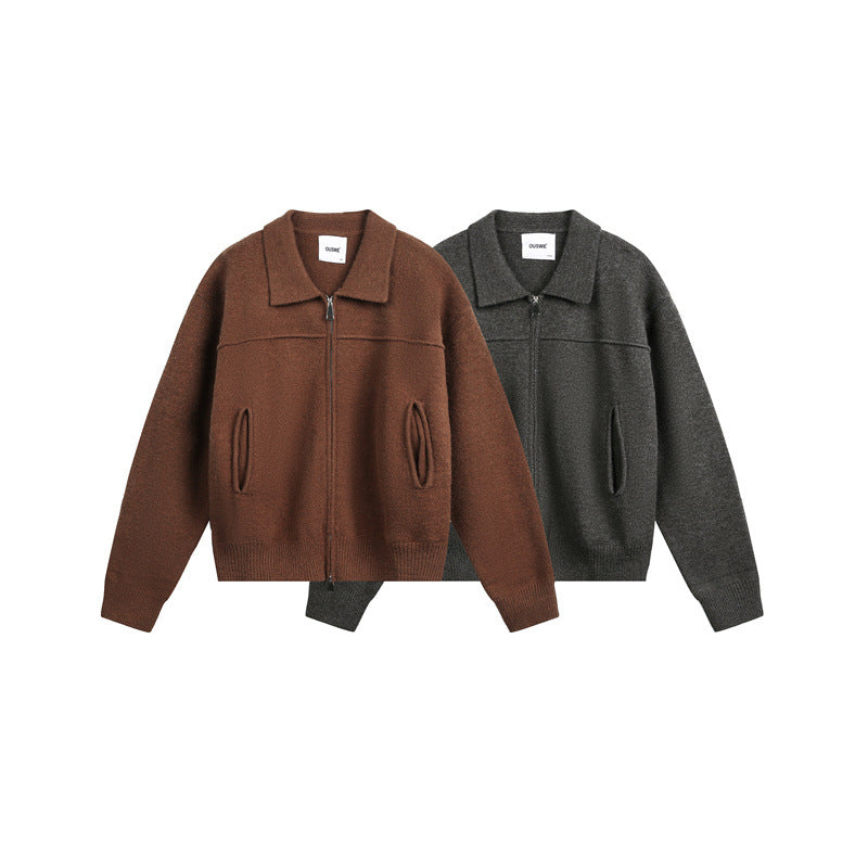 Herren Strick-Zipjacke mit Hemdkragen, Eingrifftaschen und geripptem Saum Echoarchiv