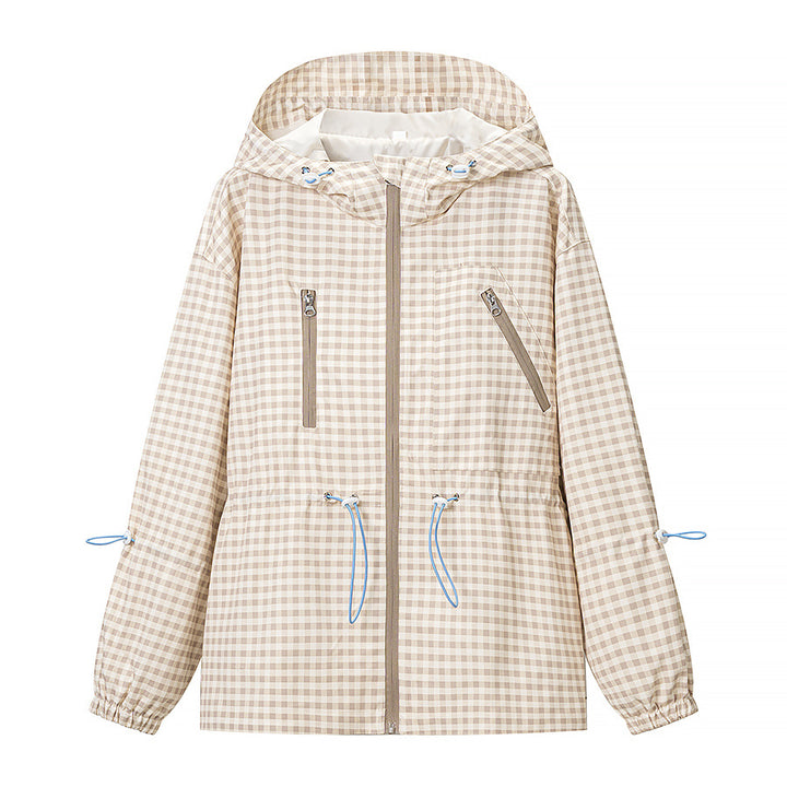 Damen 20+ leichte karierte Kapuzenjacke mit Tunnelzug, Reißverschluss und funktionalen Taschen Echo Archiv