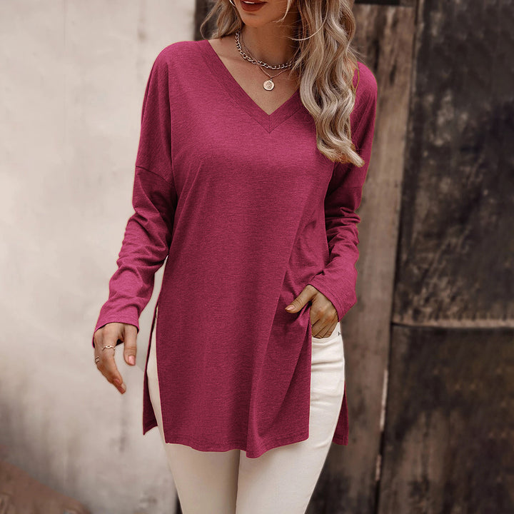 Damen lässige V-Neck Longsleeve-Tunika mit Seitenschlitzen und relaxed Fit – Avérine