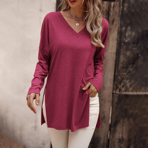 Damen lässige V-Neck Longsleeve-Tunika mit Seitenschlitzen und relaxed Fit – Avérine