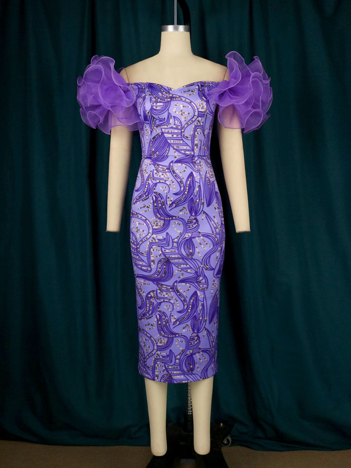 Damen Elegantes Midi-Kleid mit innovativen Puffärmeln und kunstvollem Druck Echo Archiv