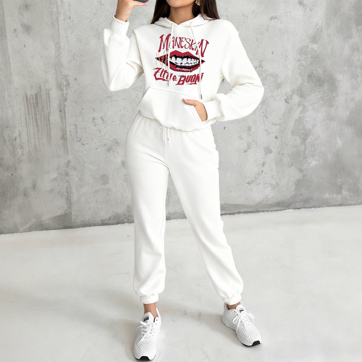 Damen nan Hoodie- und Jogginghose-Set mit Kapuze, Kängurutasche, elastischem Bund und auffälligem Lippen-Statementprint Echo Archiv