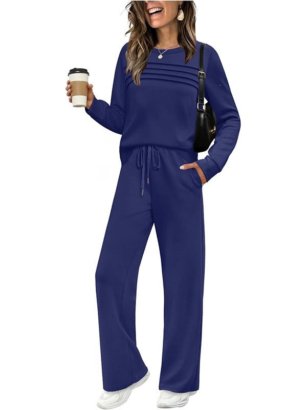 Damen Zweiteiliges Lounge-Set mit Plissee-Detail, Rundhals-Sweatshirt und weitem Kordel-Hose – Élanora
