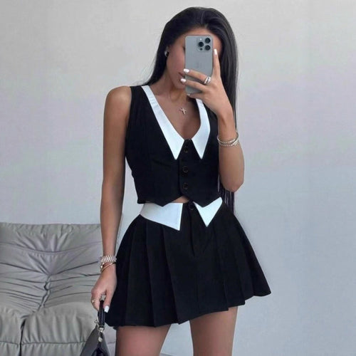 Damen schickes ärmelloses Blazer-Set mit Faltenrock Echo Archiv