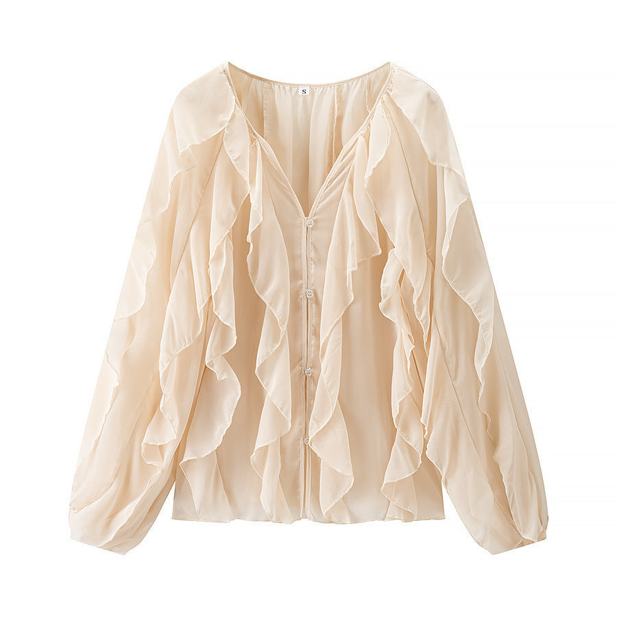 Damen Voluminöse Chiffonbluse mit mehrlagigen Volants und Knopfverschluss Echo Archiv