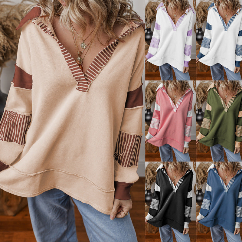 Damen Oversize Sweatshirt mit V-Ausschnitt, gestreiften Ärmelaufsätzen und Kontrastdetails – Mavelle
