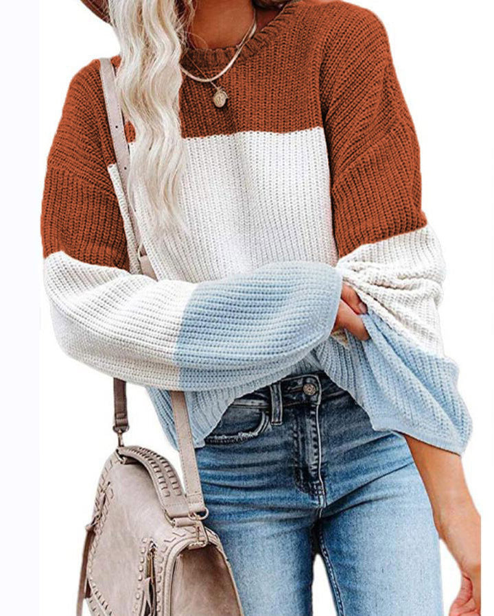 Damen Oversize Colorblock Strickpullover mit Ballonärmeln Echoarchiv