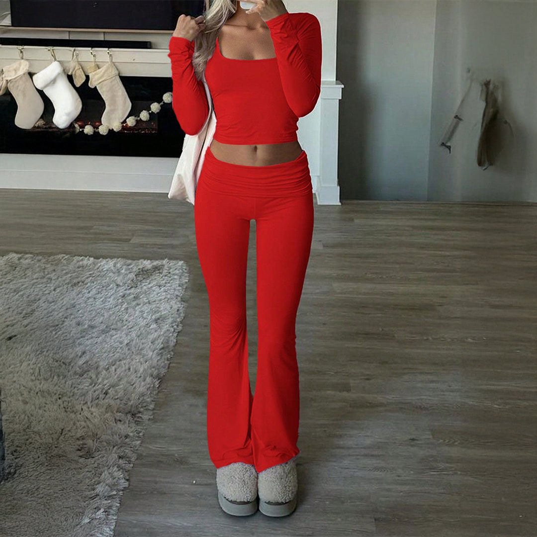 Damen figurbetontes Cropped-Set mit langärmeligem Top mit quadratischem Ausschnitt und ausgestellter High‑Waist Yoga-Hose – Avérine