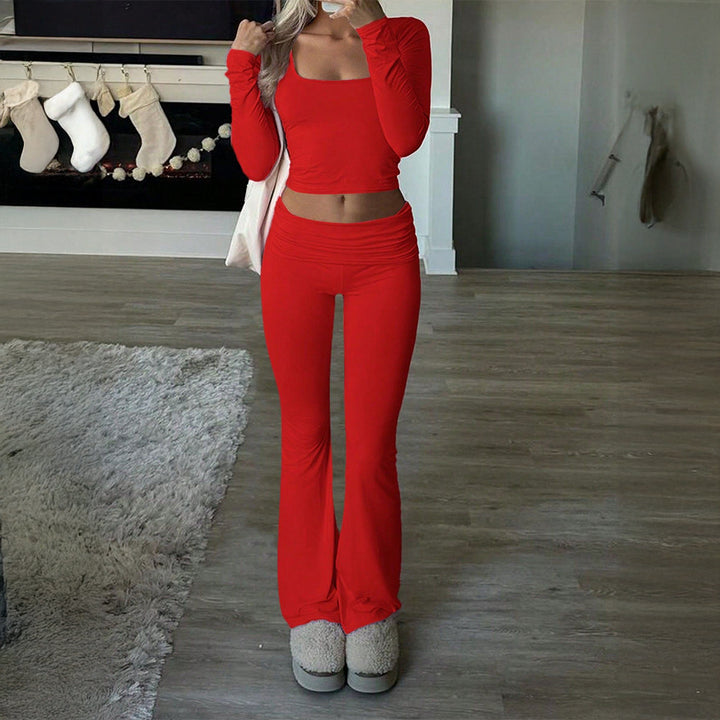 Damen figurbetontes Cropped-Set mit langärmeligem Top mit quadratischem Ausschnitt und ausgestellter High‑Waist Yoga-Hose – Avérine