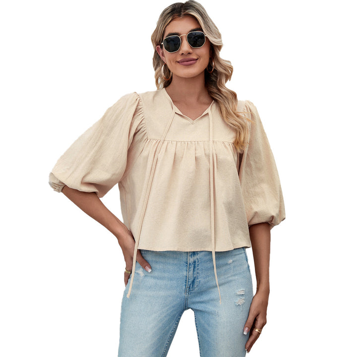 Damen lockere Babydoll-Bluse mit Schleifenkragen und 3/4-Volumenärmeln – Élovi