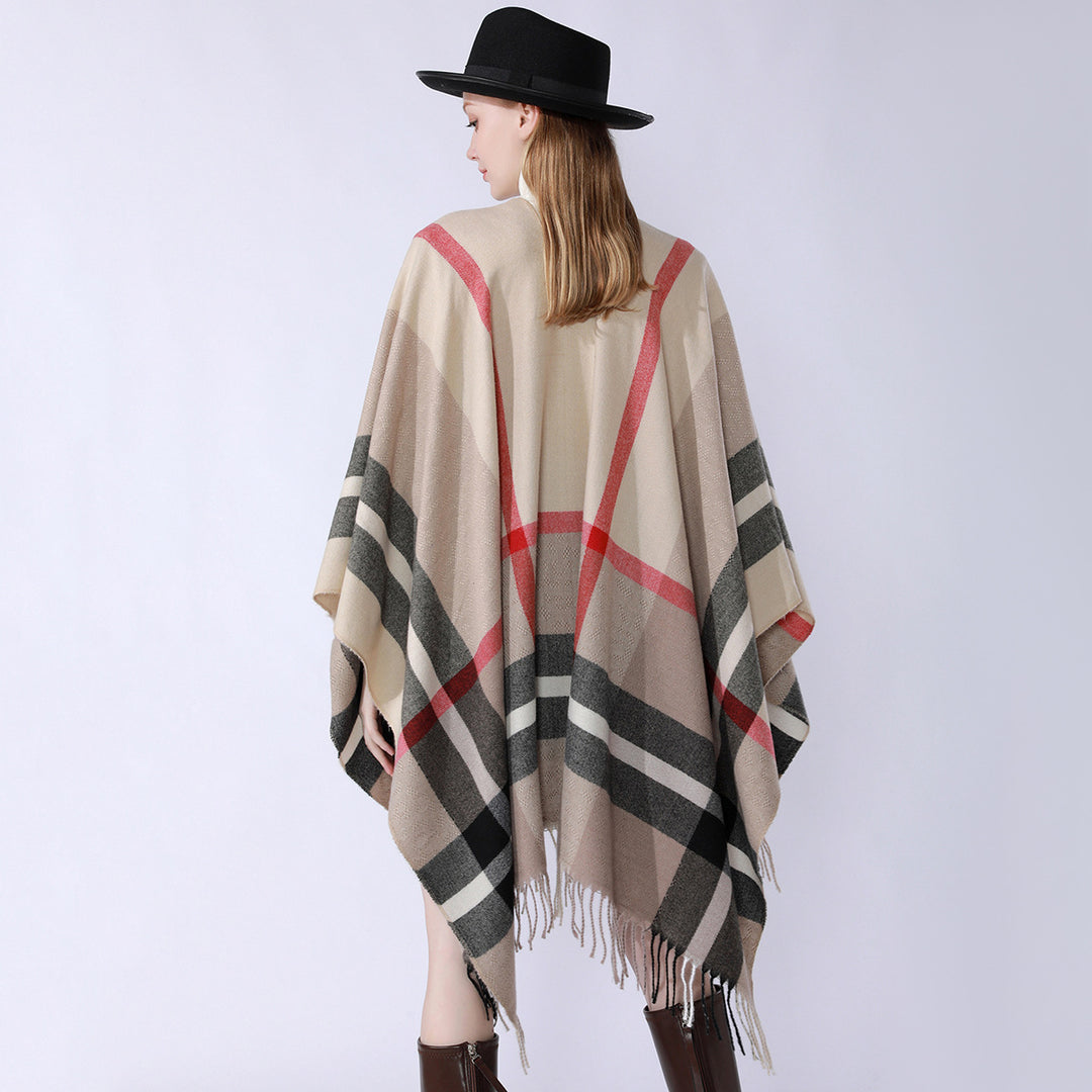 Damen Oversize-Poncho im Kaschmir‑Touch mit V‑Ausschnitt und Fransensaum Echo Archiv
