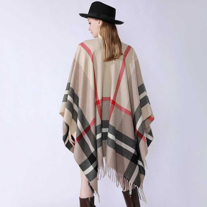 Damen Oversize-Poncho im Kaschmir‑Touch mit V‑Ausschnitt und Fransensaum Echo Archiv