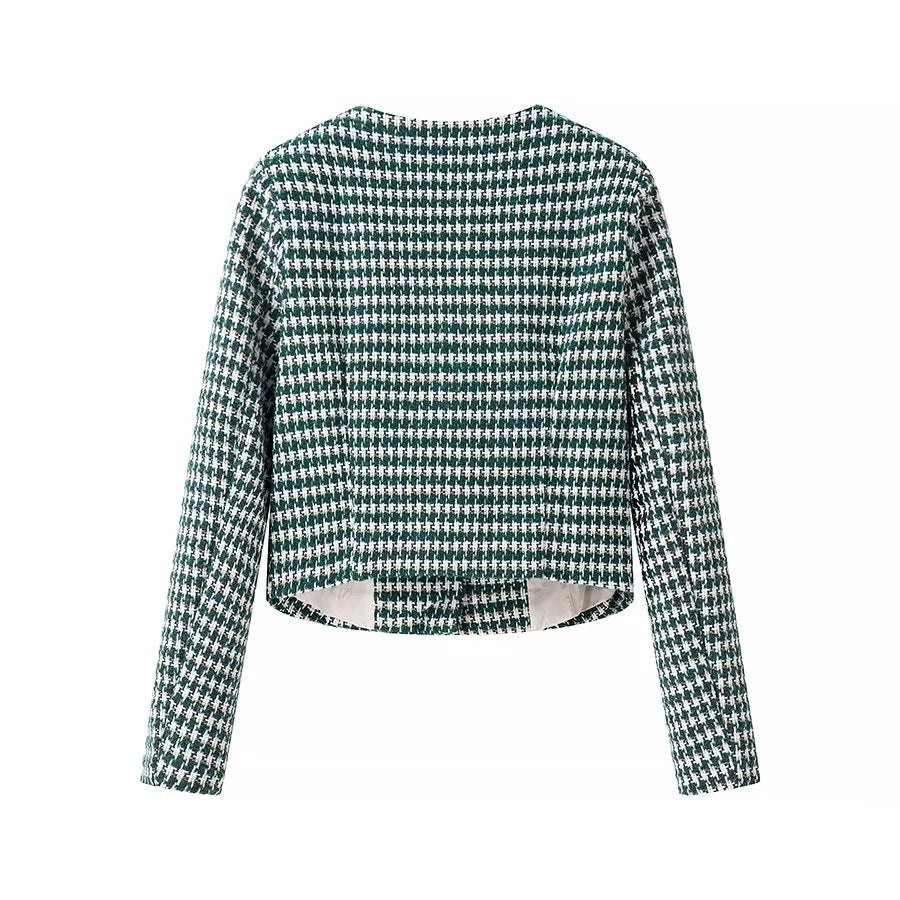 Damen kurzer Bouclé-Blazer im Cropped‑Stil mit Hahnentrittmuster, Rundhalsausschnitt und Zierknöpfen – Célinea