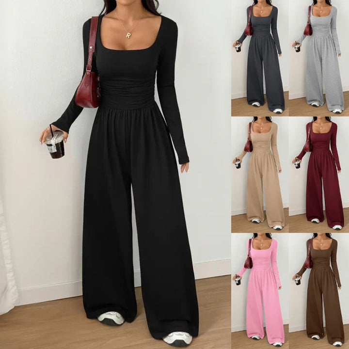 Damen Jumpsuit mit weitem Bein, eckigem Ausschnitt und geraffter Taillenpartie Echoarchiv