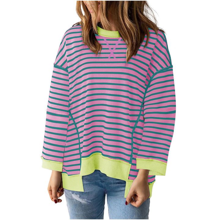 Damen nan oversized gestreifter Sweatshirtpullover mit kontrastsaum, überschnittener Schulter und seitlichen Schlitzen Echo Archiv