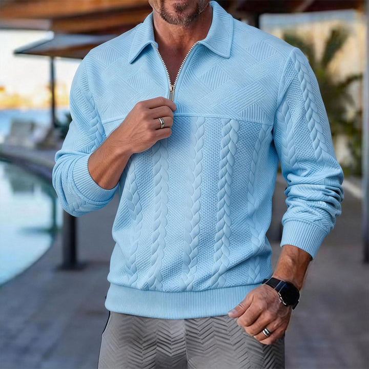 Herren strukturierter Halbzip-Pullover mit Troyerkragen, Zopfmuster und fein gerippten Bündchen – Norvane