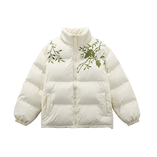 Damen Gepolsterte Oversize-Steppjacke mit Stehkragen und Blumenstickerei Echoarchiv
