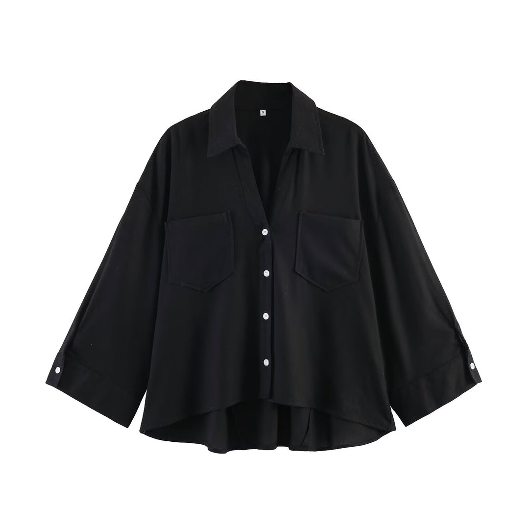 Damen Oversize-Hemdbluse mit großen Brusttaschen, überschnittener Schulter und High‑Low‑Saum Echo Archiv