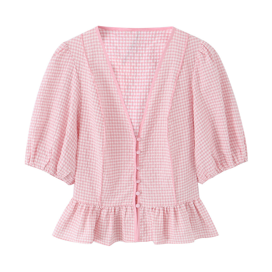 Damen Vichy-Karo Bluse mit tiefem V-Ausschnitt, Puffärmeln und Schößchen Echo Archiv
