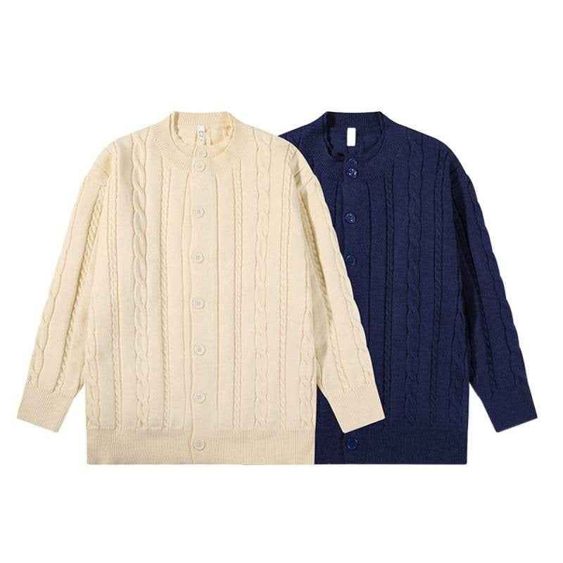 Unisex Übergroße Zopfmuster-Strickjacke mit Knopfleiste und Rundhalsausschnitt Echoarchiv