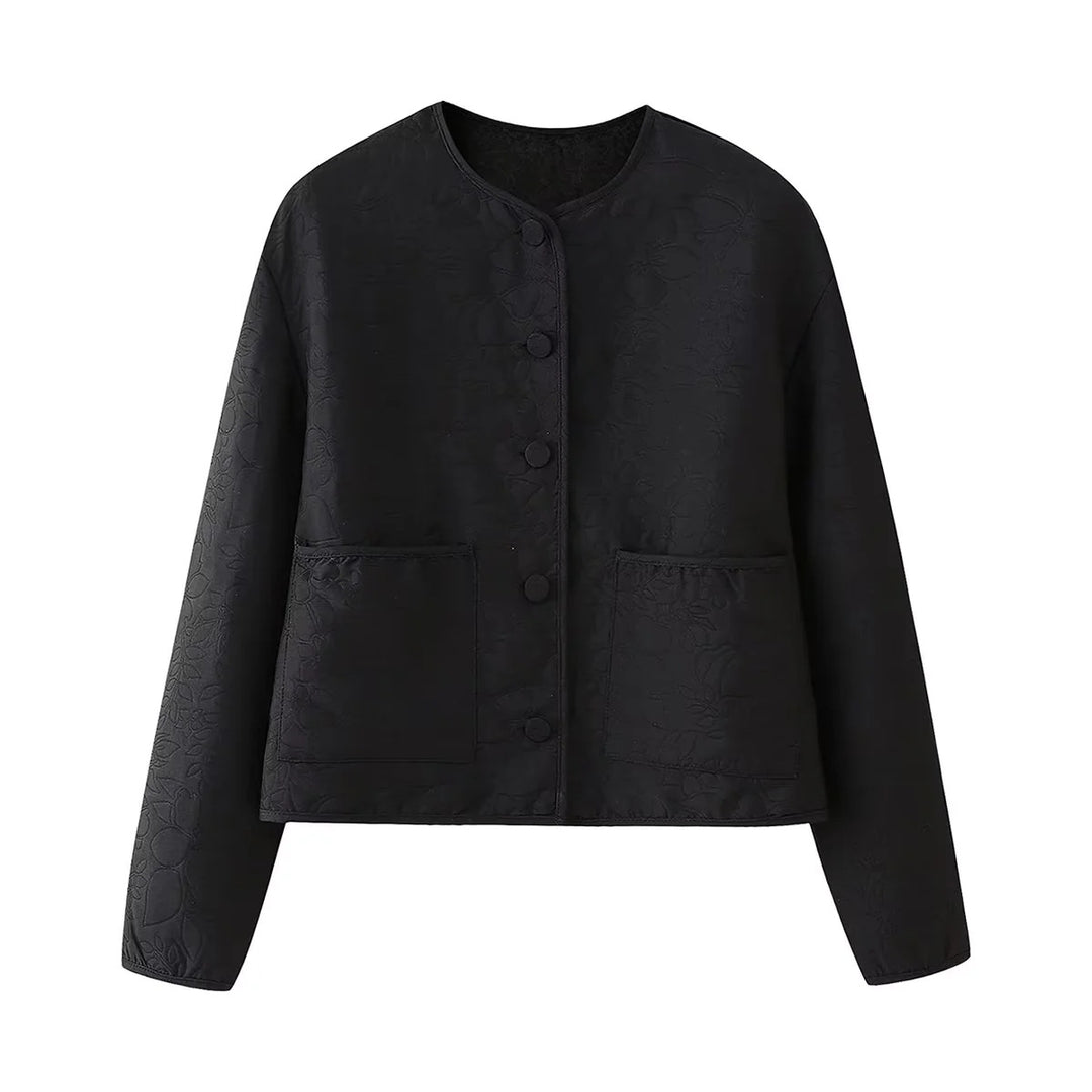 Damen gesteppte Kurzjacke mit Rundhals, verdeckter Druckknopfleiste und aufgesetzten Taschen – Célinea