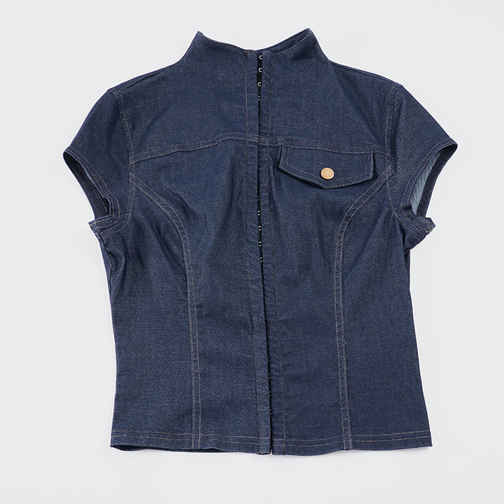 Damen modisches Kurzarm-Jeanshemd mit elegantem Kragen und Knopfdetails Echo Archiv