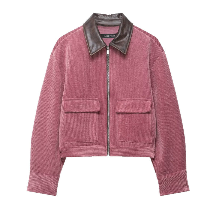 Damen Kurze Cord-Collegejacke mit Kunstlederkragen und aufgesetzten Pattentaschen Echoarchiv