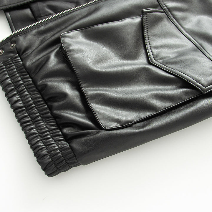 Damen taillierter Kunstleder-Blouson mit voluminösem Kunstfellkragen und aufgesetzten Pattentaschen – Célinea