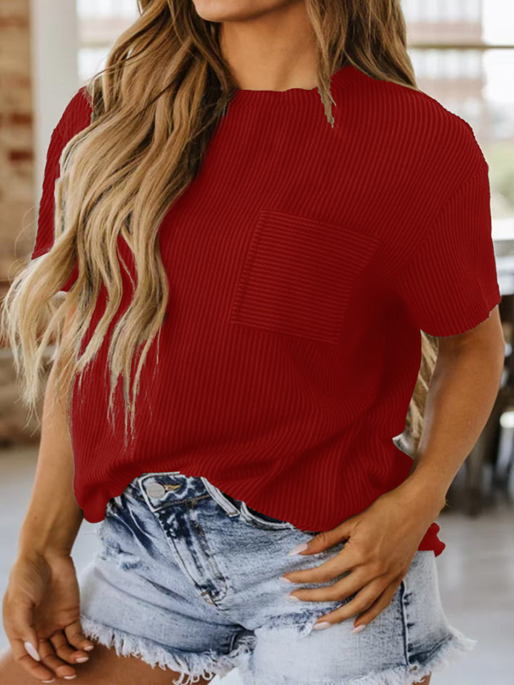 Damen lässiges Kurzarmshirt mit strukturierter Oberfläche und praktischem Brusttaschen Echo Archiv